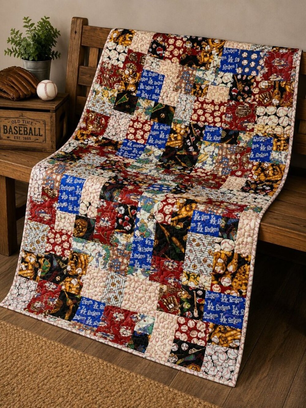 Handmade Yellow Brick Road Baseball Theme Quilted Quilt Flannel Back LA Dodgers